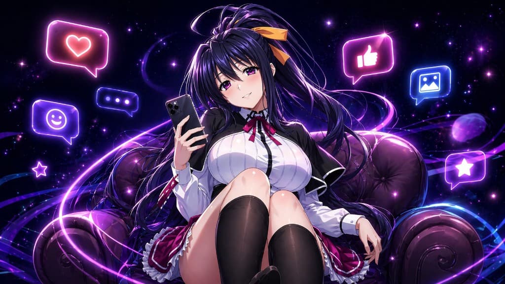 AI companion on velvet sofa with neon engagement icons