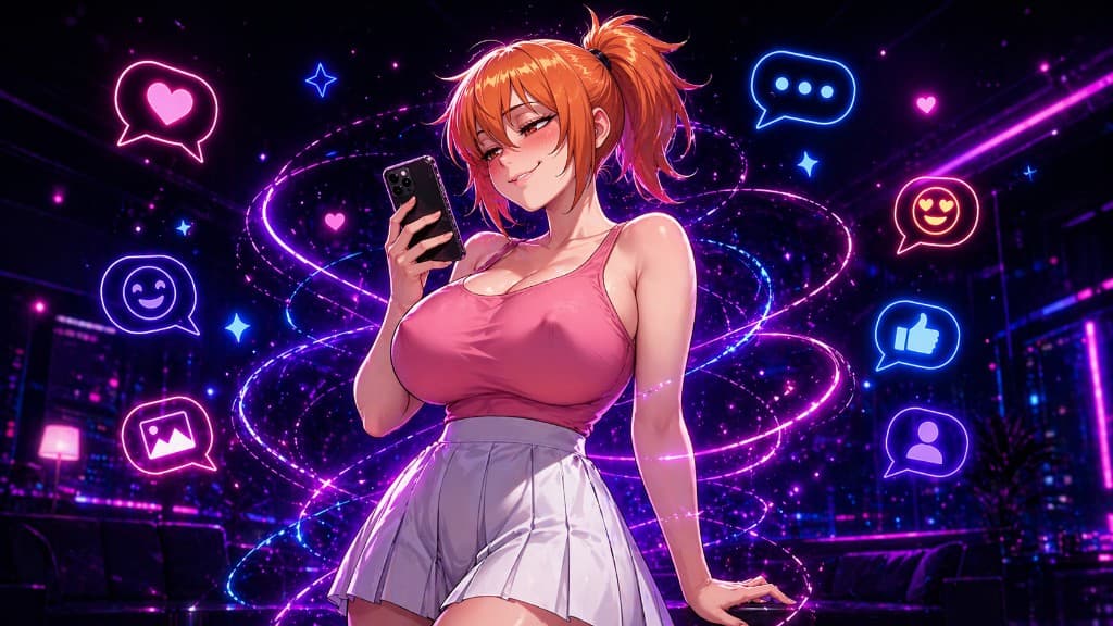 Orange-haired AI companion surrounded by neon promo icons