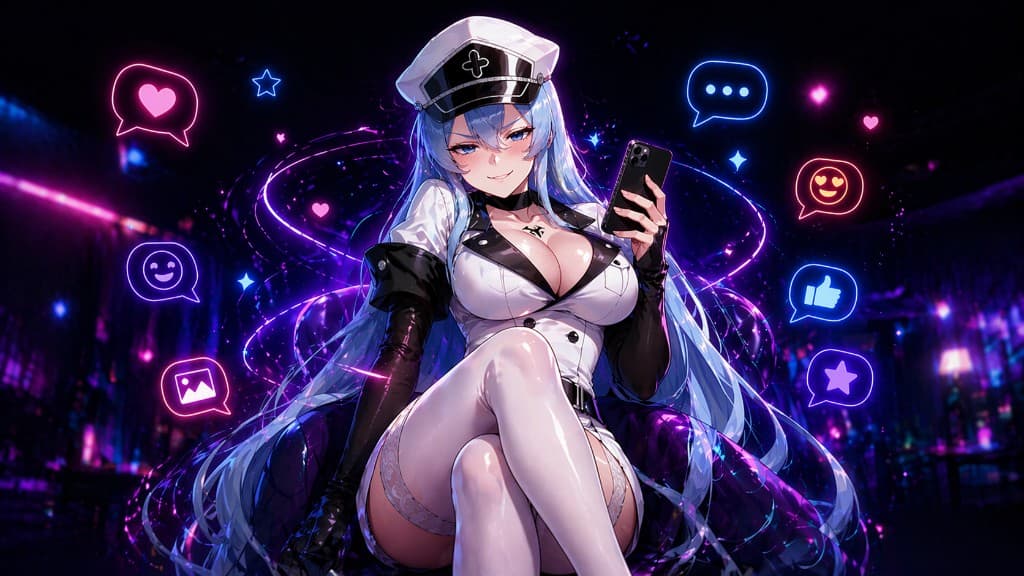 AI companion in officer uniform with neon social icons