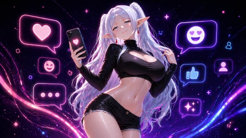 Silver-haired AI companion with neon chat bubbles